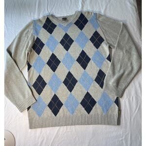 Vintage Nautica Wool Blend Blue Gray Argyle Crewneck Sweater XL Grandpa Business